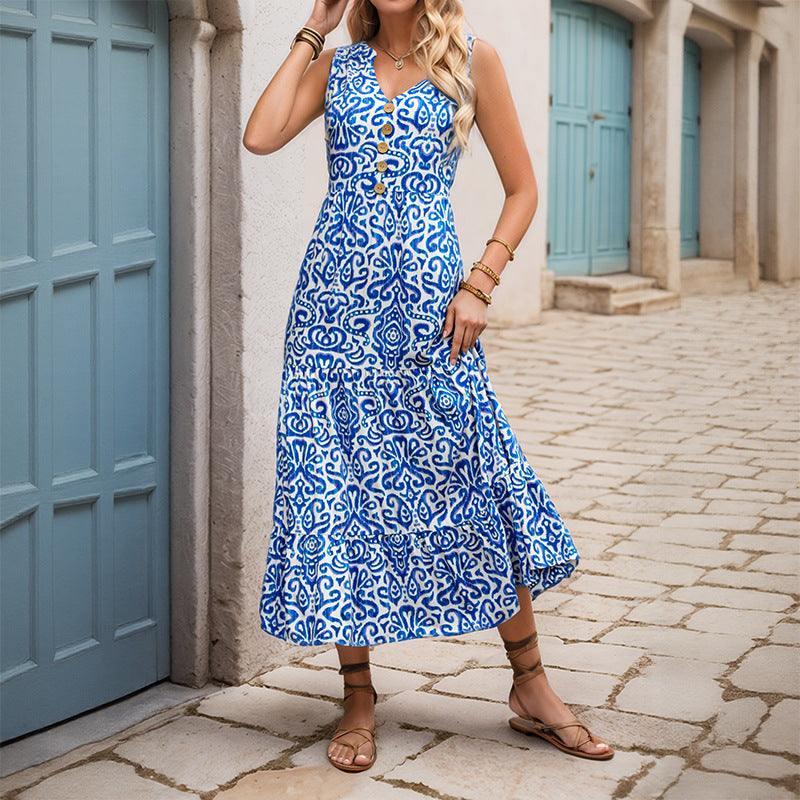 Damen Maxikleid Florales Muster Knöpfe Norvielle