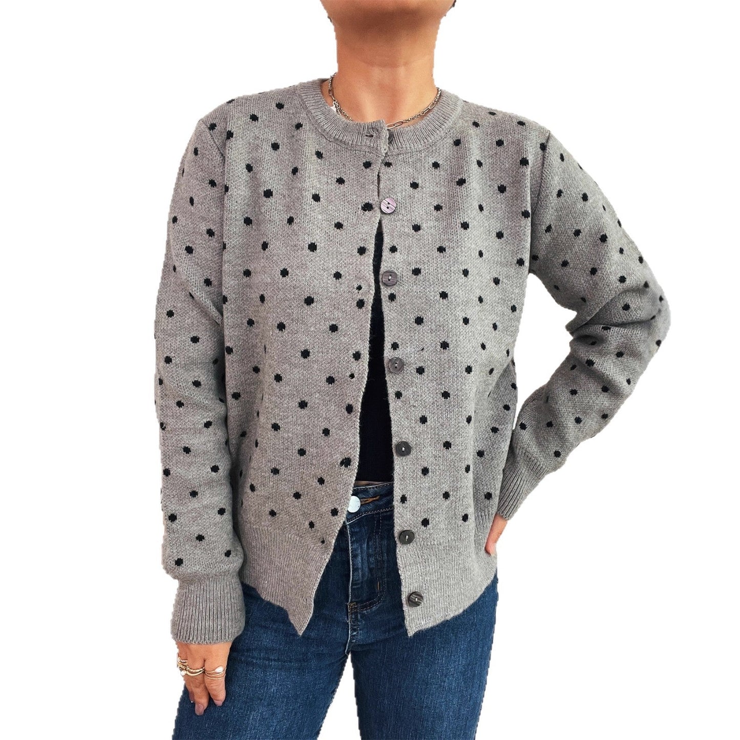 Damen Strickjacke Modern Punkte Knopfleiste Norvielle