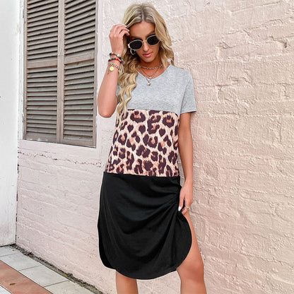 Damen Leoprint Kleid Kurzärmelig Hochgeschlossen
