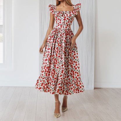 Damen Maxikleid Rüschen Floralmuster