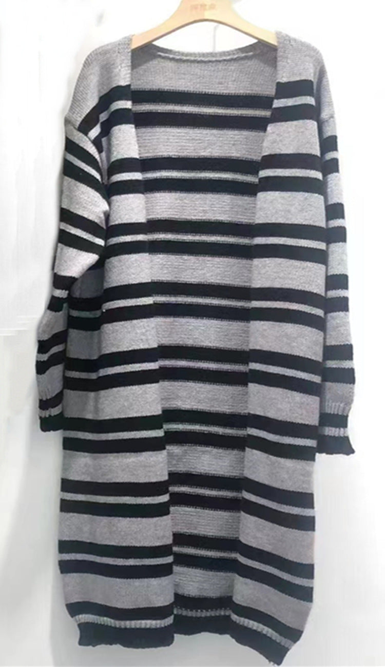 Damen Grobstrick-Cardigan Breite Streifen Lässig Norvielle