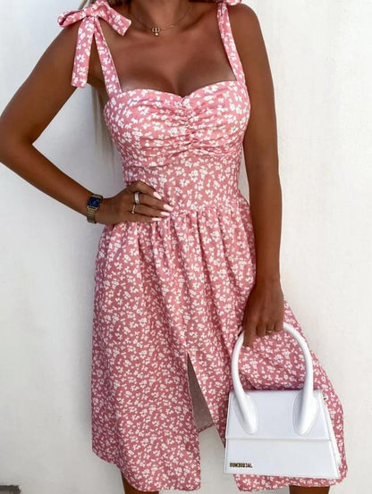 Norvielle Damen Midi Kleid Rüschensleeve Herzausschnitt