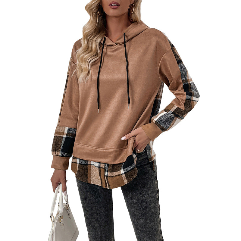 Damen Kapuzenpullover Kariertes Patchwork-Design Norvielle
