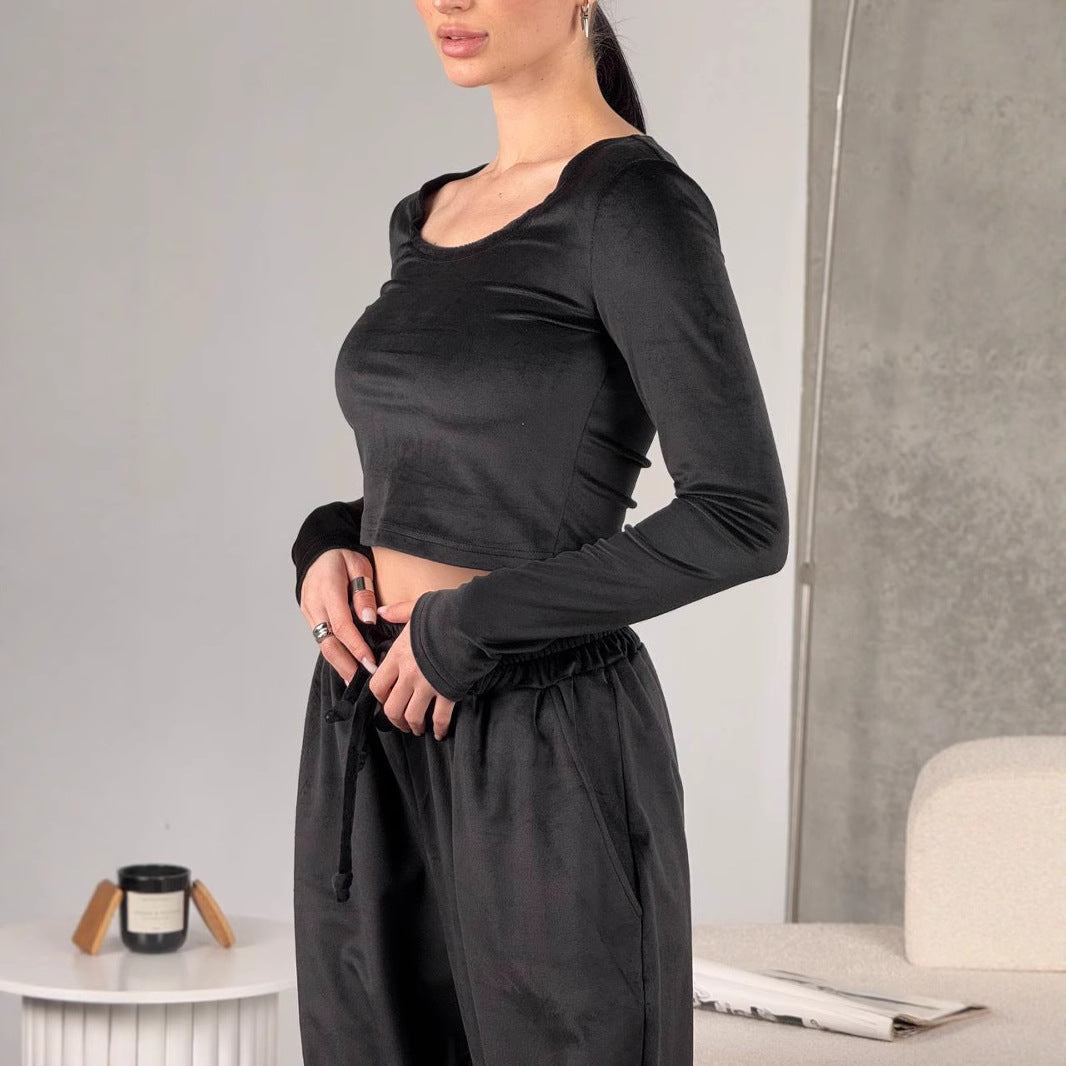 Damen Velours-Hose Cropped Bequem Schwarz - Norvielle