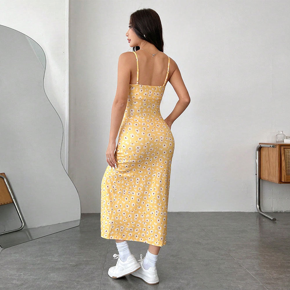 Damen Midikleid Blumenprint Hochschlitz