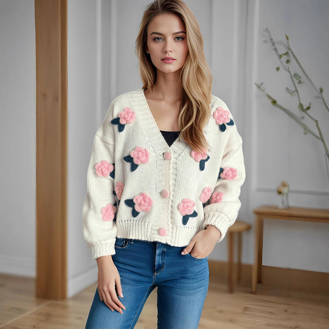 Damen Strickjacke Kuschelig Florales 3D-Design Große Knöpfe Norvielle