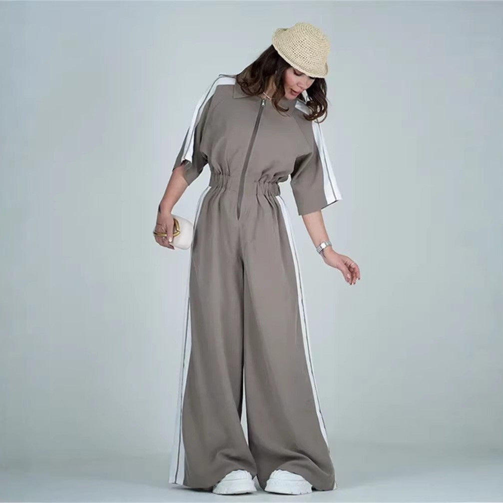 Damen Jumpsuit Lang Taillenbund Kontraststreifen