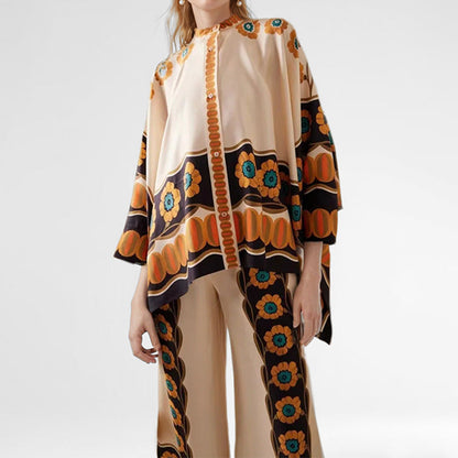 Damen Kaftan-Oberteil Florales Muster Knopf Norvielle