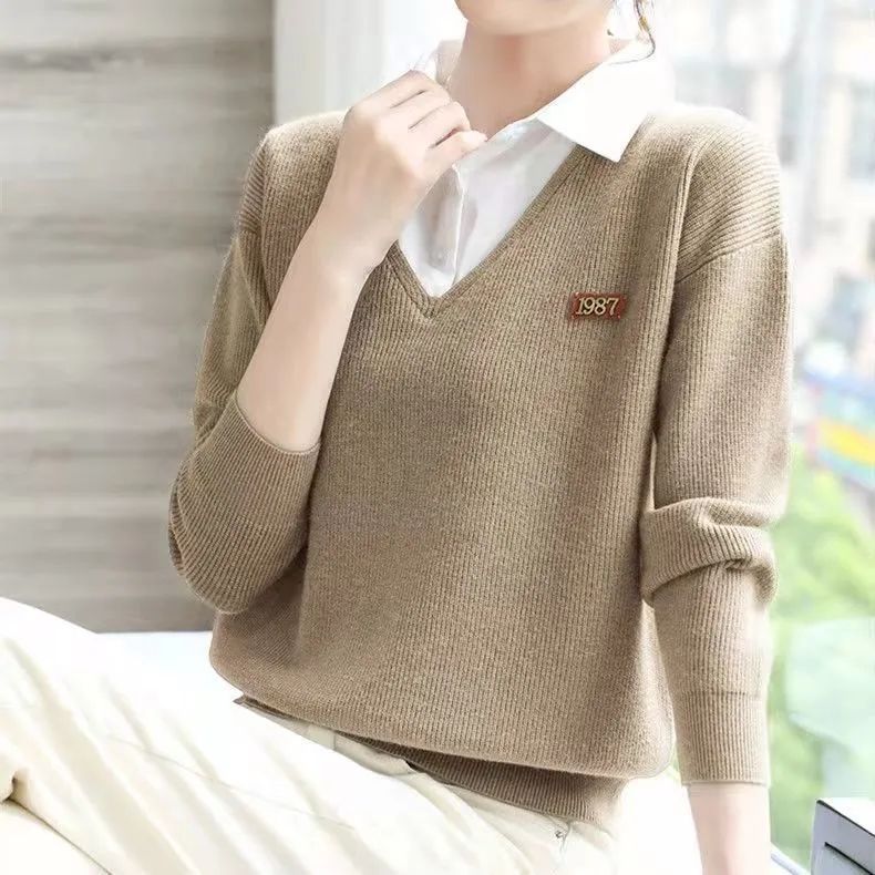 Damen Pullover V-Ausschnitt Hemdkragen Norvielle