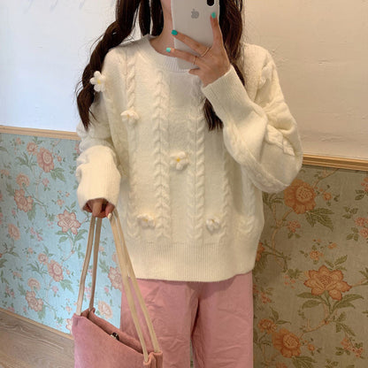 Damen Grobstrickpullover Blumenapplikationen Norvielle