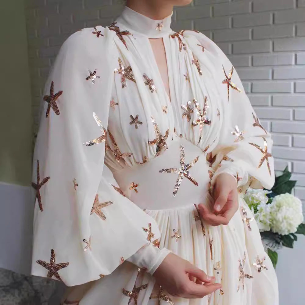 Damen Abendkleid Paillettenbesatz Eleganter Kragen