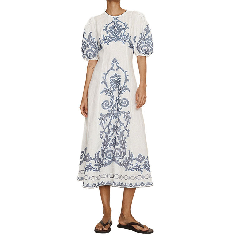 Damen Midikleid Voluminöse Ärmel Stickmuster Norvielle