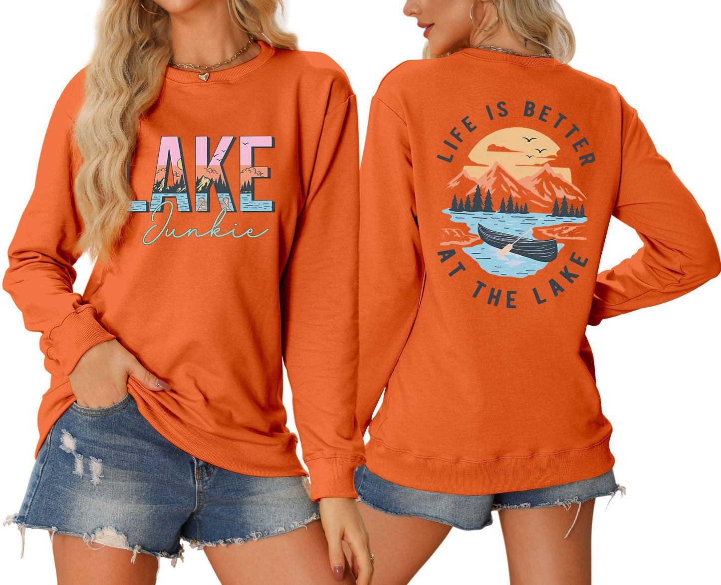 Damen Langarmshirt Lake-Motiv Leicht Lässig Weiß