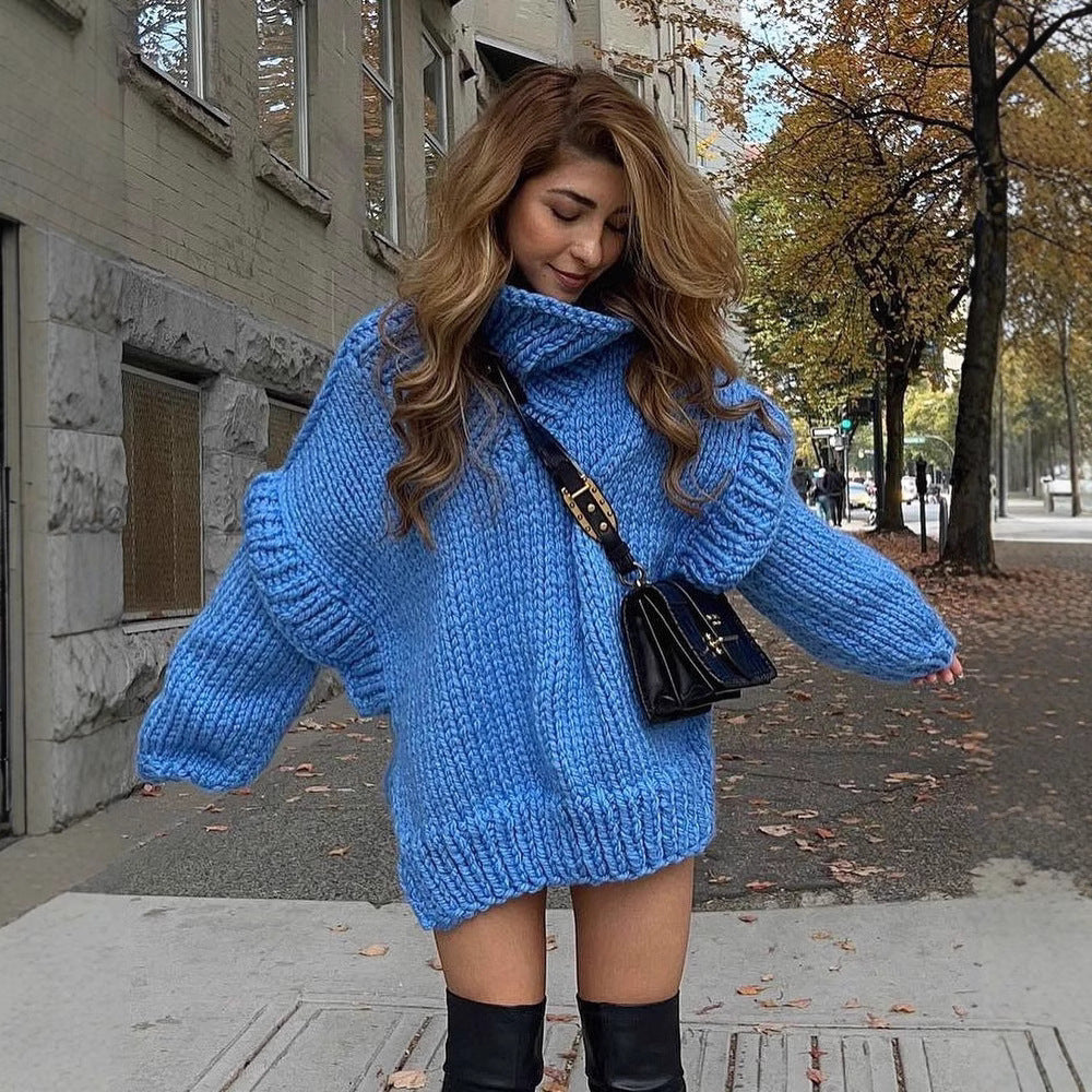 Damen Oversized Strickpullover Grobgestrickt Rollkragen Gerippte Ärmel
