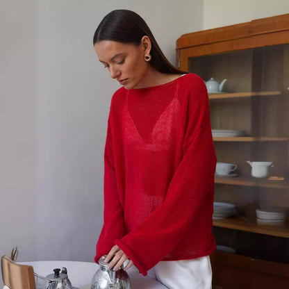 Damen Pullover Lässig Weite Ärmel Feines Lochstrick Beige