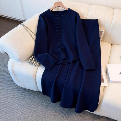 Damen Strickensemble Klassisches Knopfdesign Fließender Rock Norvielle