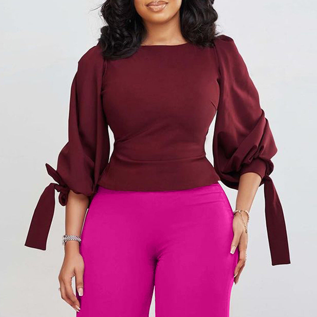 Damen Bluse mit Taillenband Puffärmel Norvielle