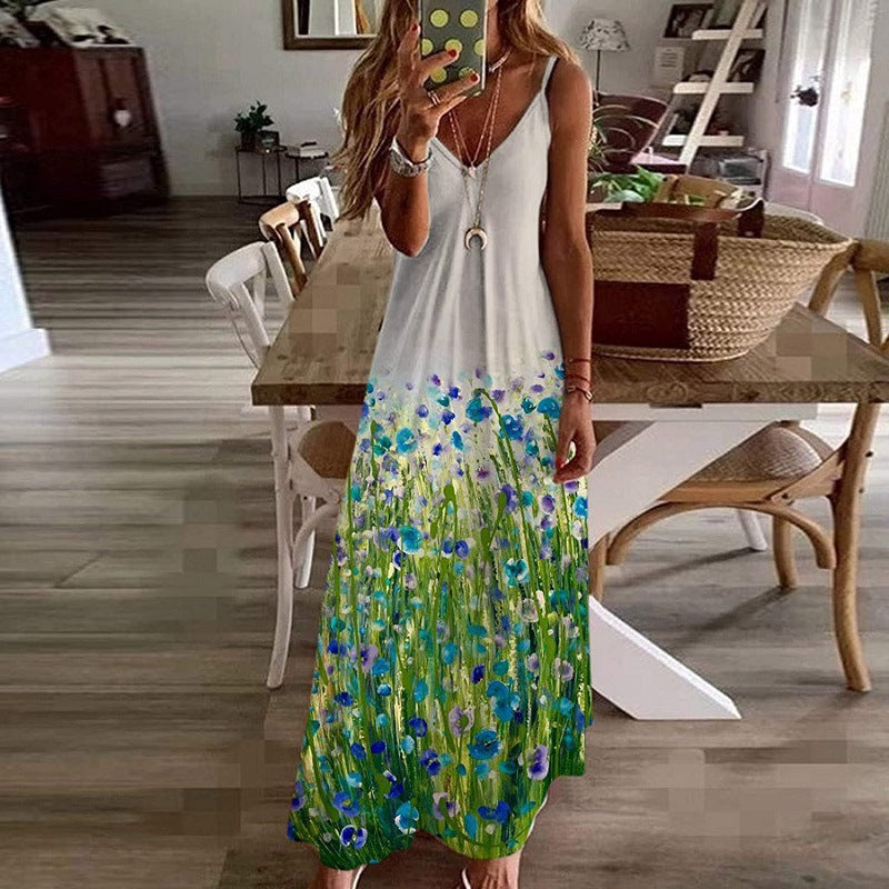 Damen Maxikleid Baumwolle Blumenprint V-Ausschnitt Luftig