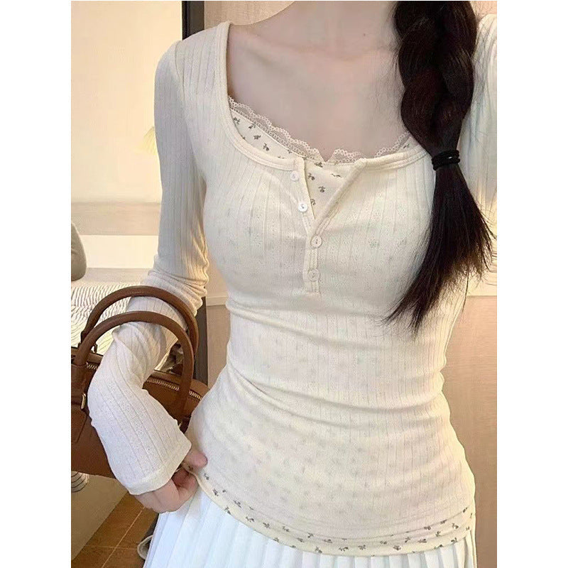 Damen Langarmshirt Dekorativer Knopfleisten-Design Rippstrickdetails