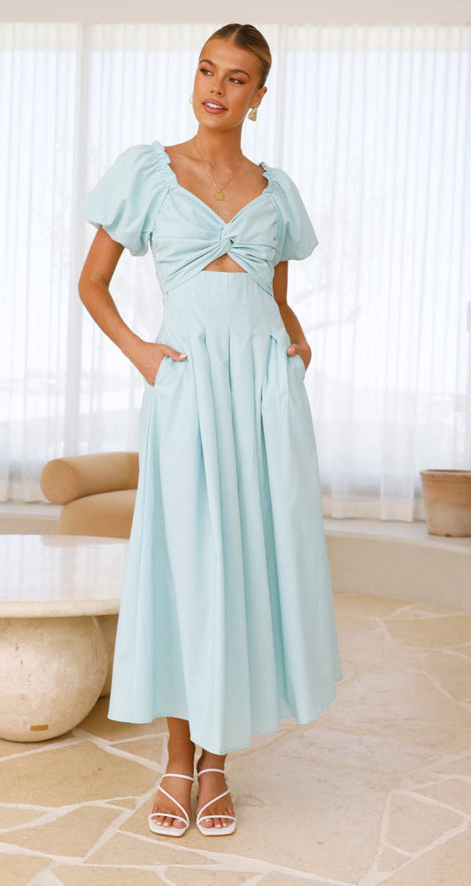 Damen Midikleid Puffärmel Knotendetail Norvielle