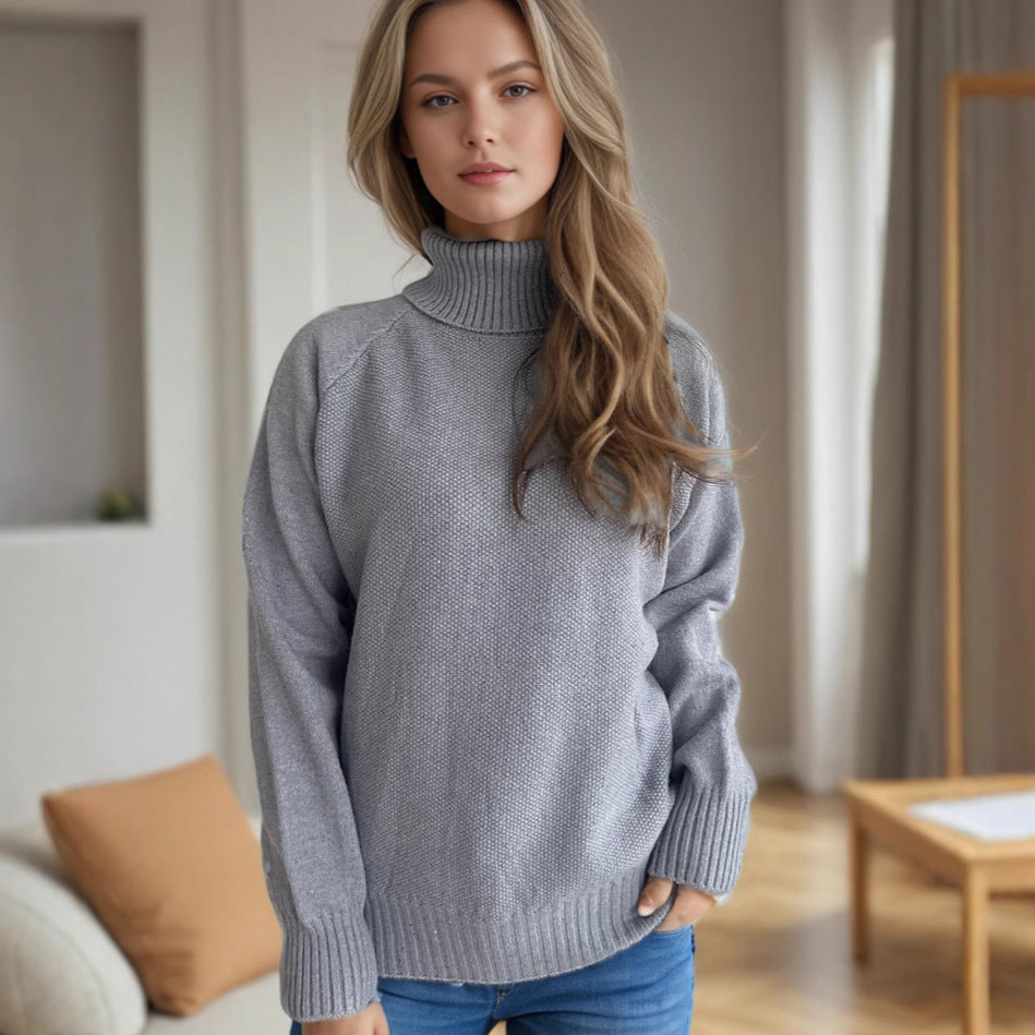 Damen Strickpullover Weiches Material Hochkragen Beige - Norvielle
