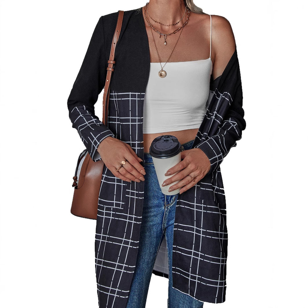 Damen Blazer Lang Karomuster Weiß