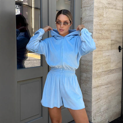 Damen Velours Loungewear Set mit Reißverschluss Elastisch