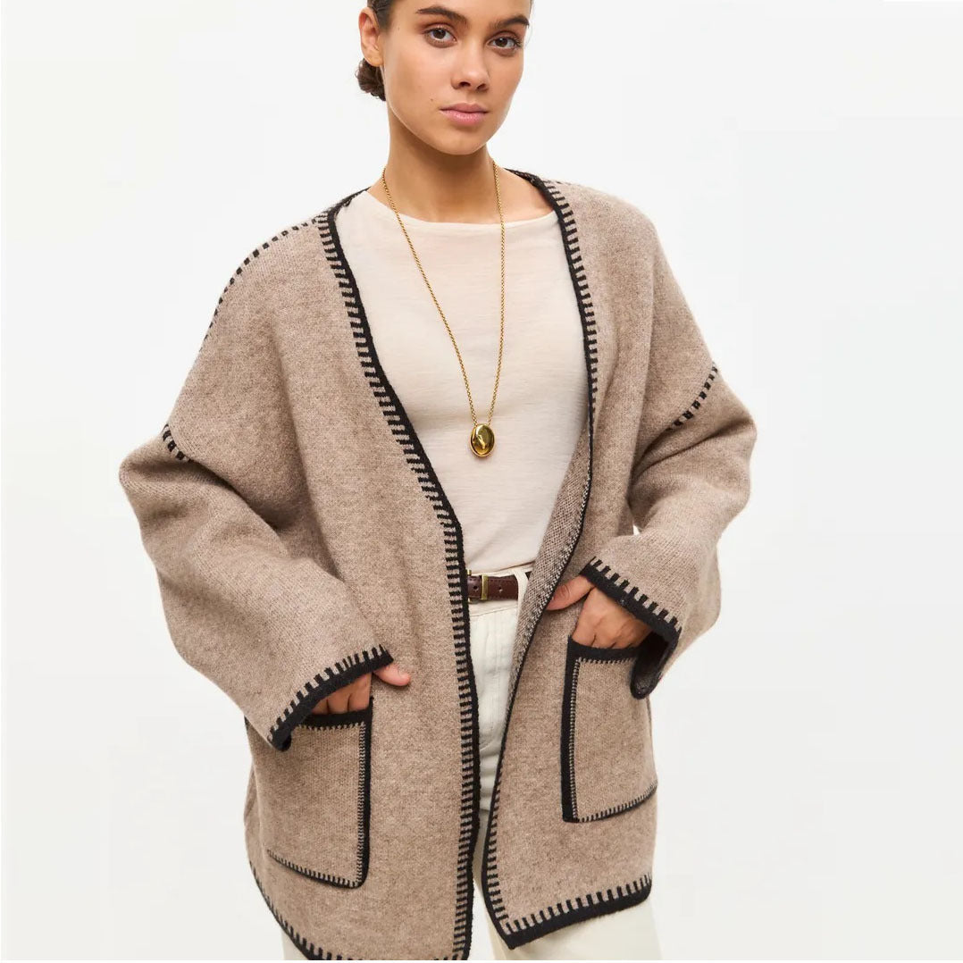 Damen Strickcardigan Mit Taillengürtel Und Taschen Beige