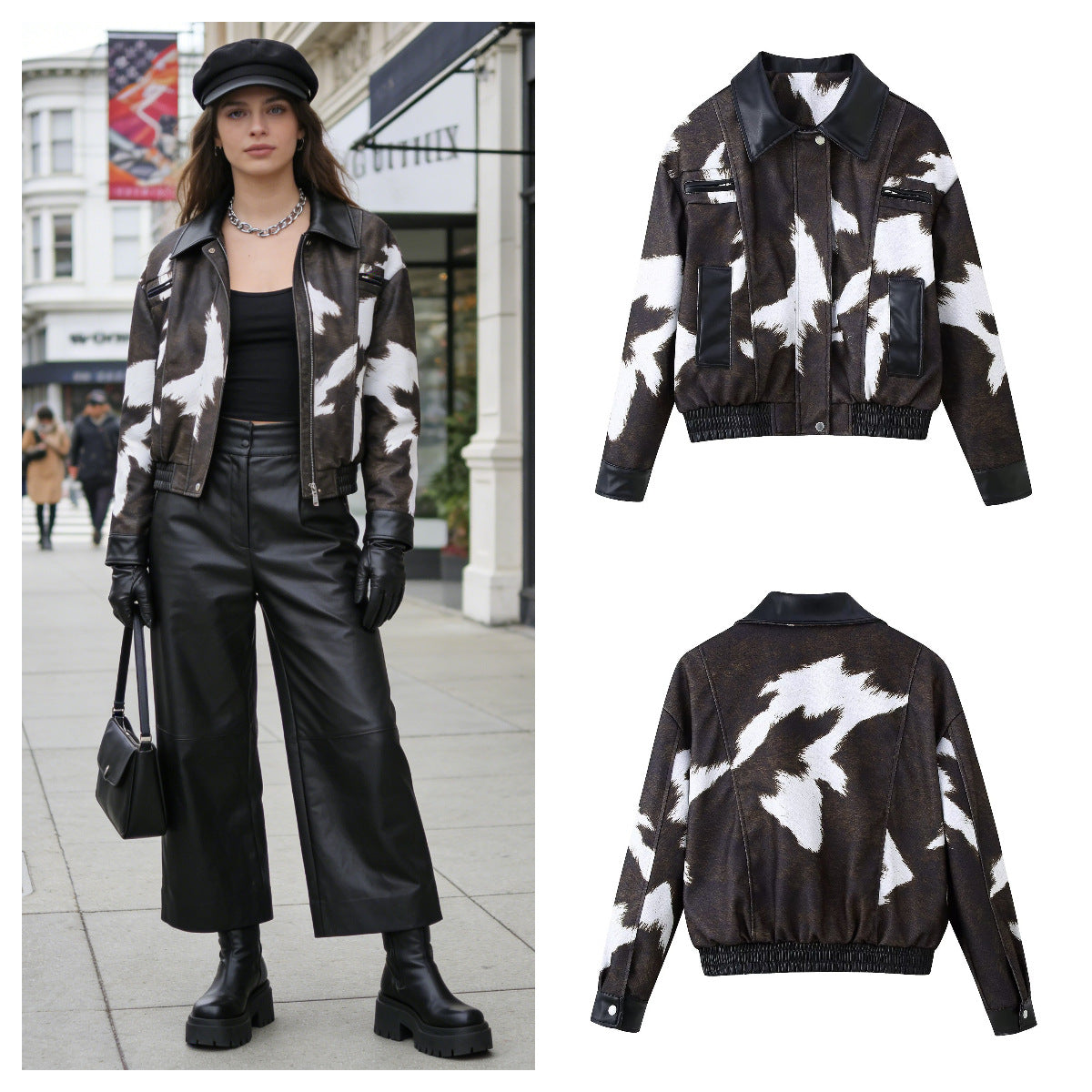 Damen Kunstlederjacke Exotisches Tierdesign Schwarz - Norvielle