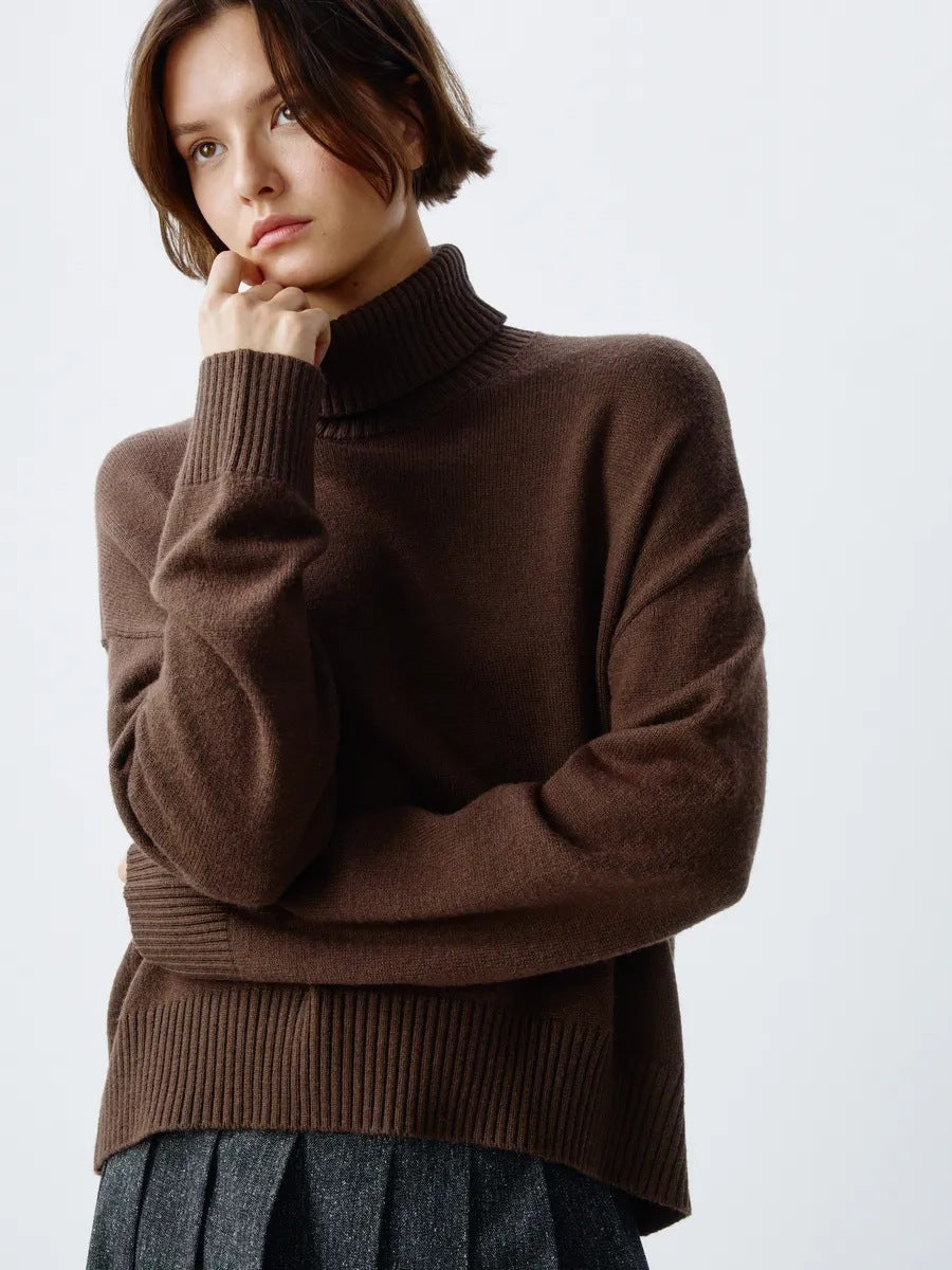 Damen Rollkragenpullover Oversized Rippstruktur Beige