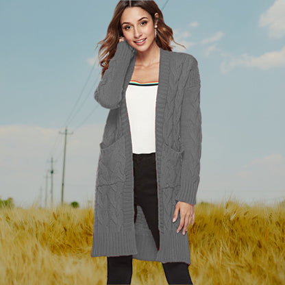 Damen Grobstrick Cardigan Zopfmuster Taschen Beige