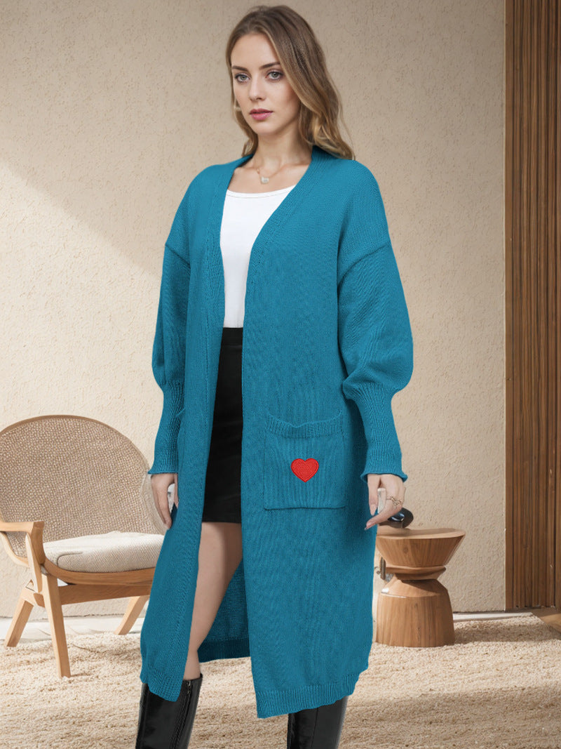 Damen Langarm Strickjacke Herzen Offene Taschen Norvielle