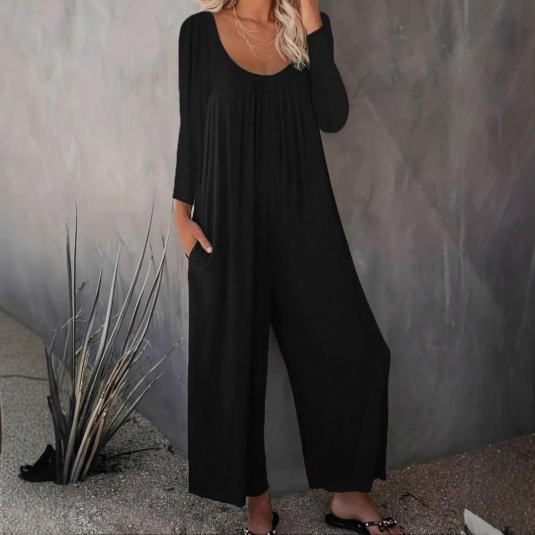 Damen Jumpsuit Weit geschnitten mit Taschen Moderner Schnitt Norvielle - Norvielle