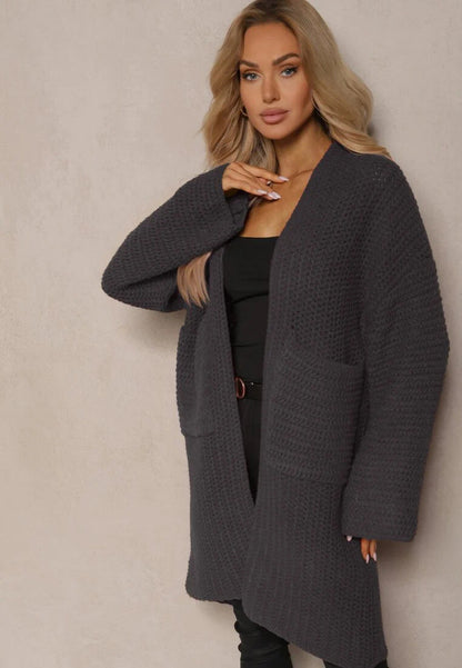 Damen Oversized Strickjacke V-Ausschnitt Taschen Norvielle