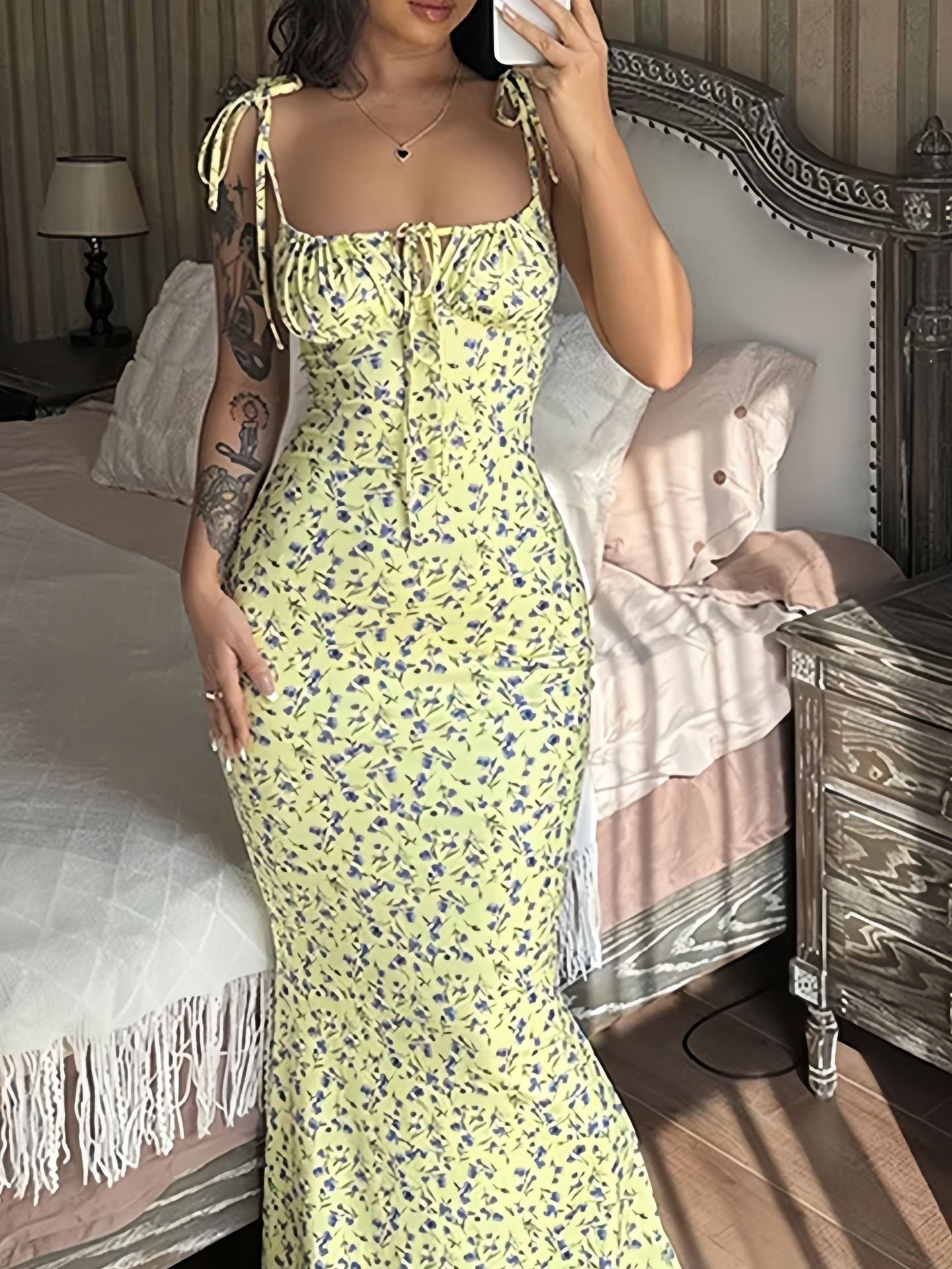 Damen Maxikleid Blumenmuster Figurbetont Spaghetti-Träger