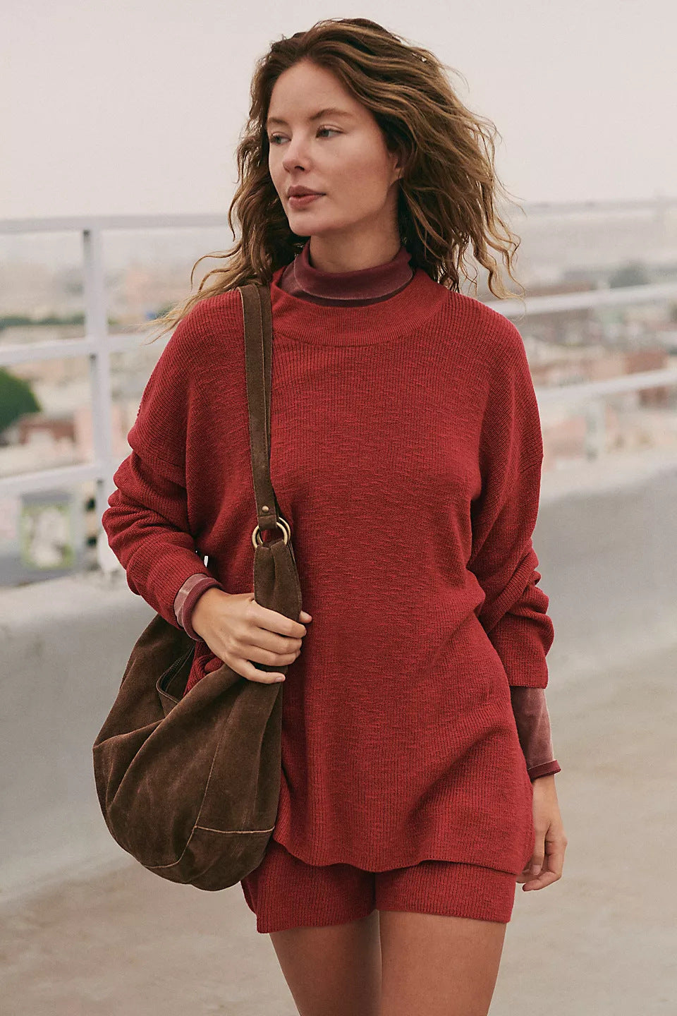 Damen Oversized Strick-Set Pullover und kurze Hosen