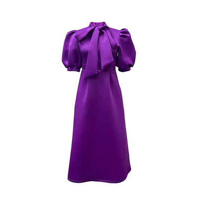 Damen Elegantes Midi-Kleid Puffärmel Bindegürtel