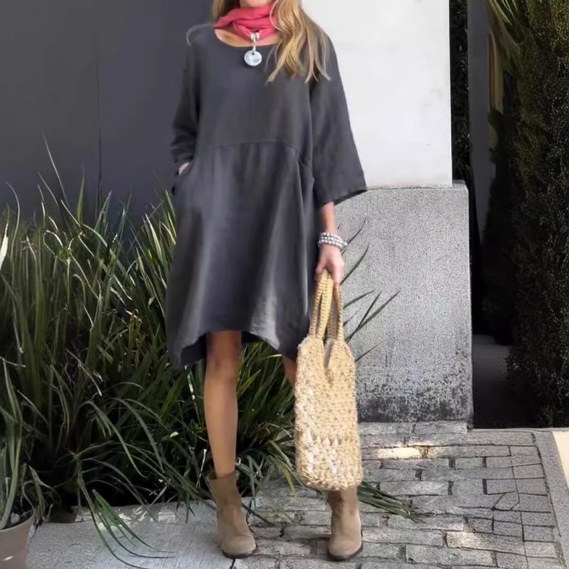Norvielle Damen Einfaches Baumwollkleid Mit Taschen