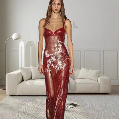 Damen Abendkleid V-Ausschnitt mit Stickmuster schmal