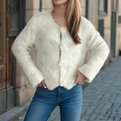 Damen Strickjacke Blumenapplikationen Perlenakzente Norvielle
