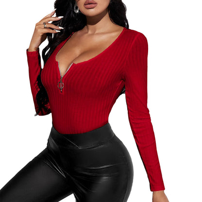 Damen Slim Fit Bodysuit V-Ausschnitt Reißverschluss Norvielle