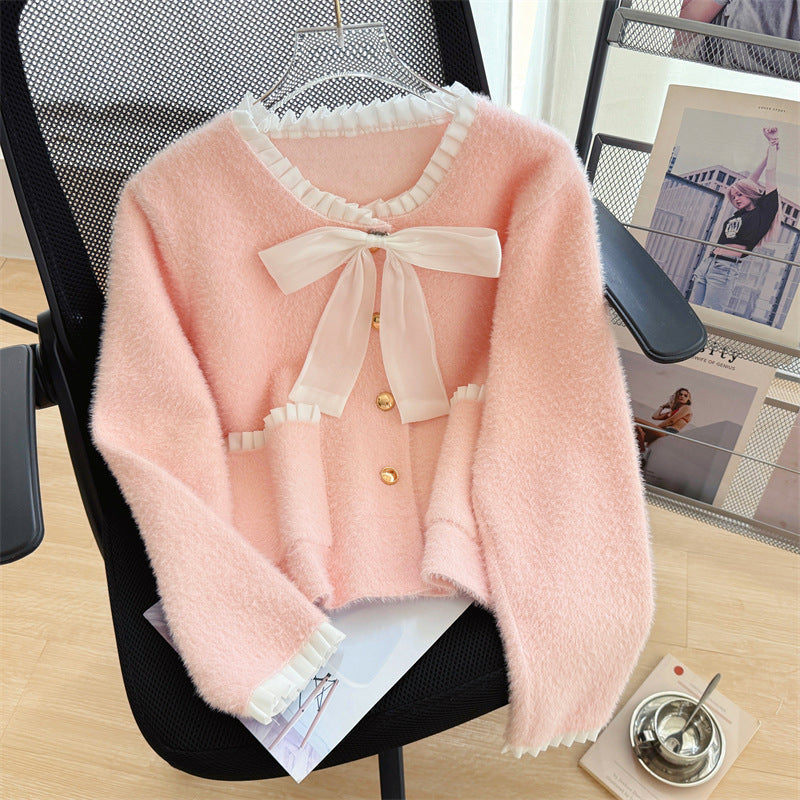 Damen Cardigan Flausch Norvielle Eleganter Schleifenkragen