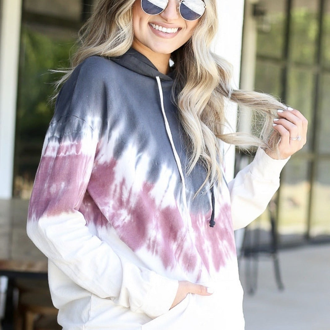 Damen Hoodie Bunt Batikmuster Kängurutasche