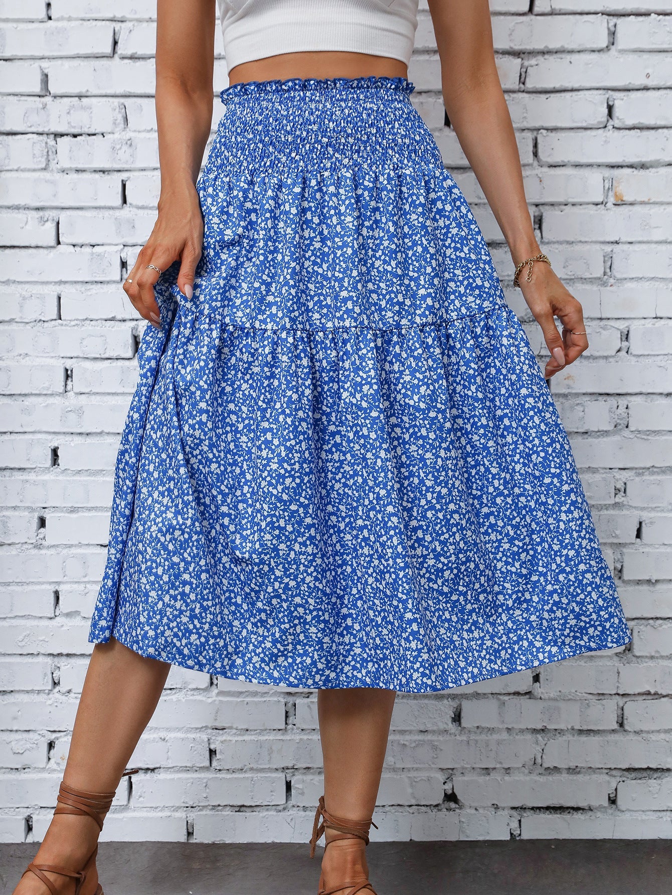 Damen Midirock Elastischer Taillenbund Florales Design