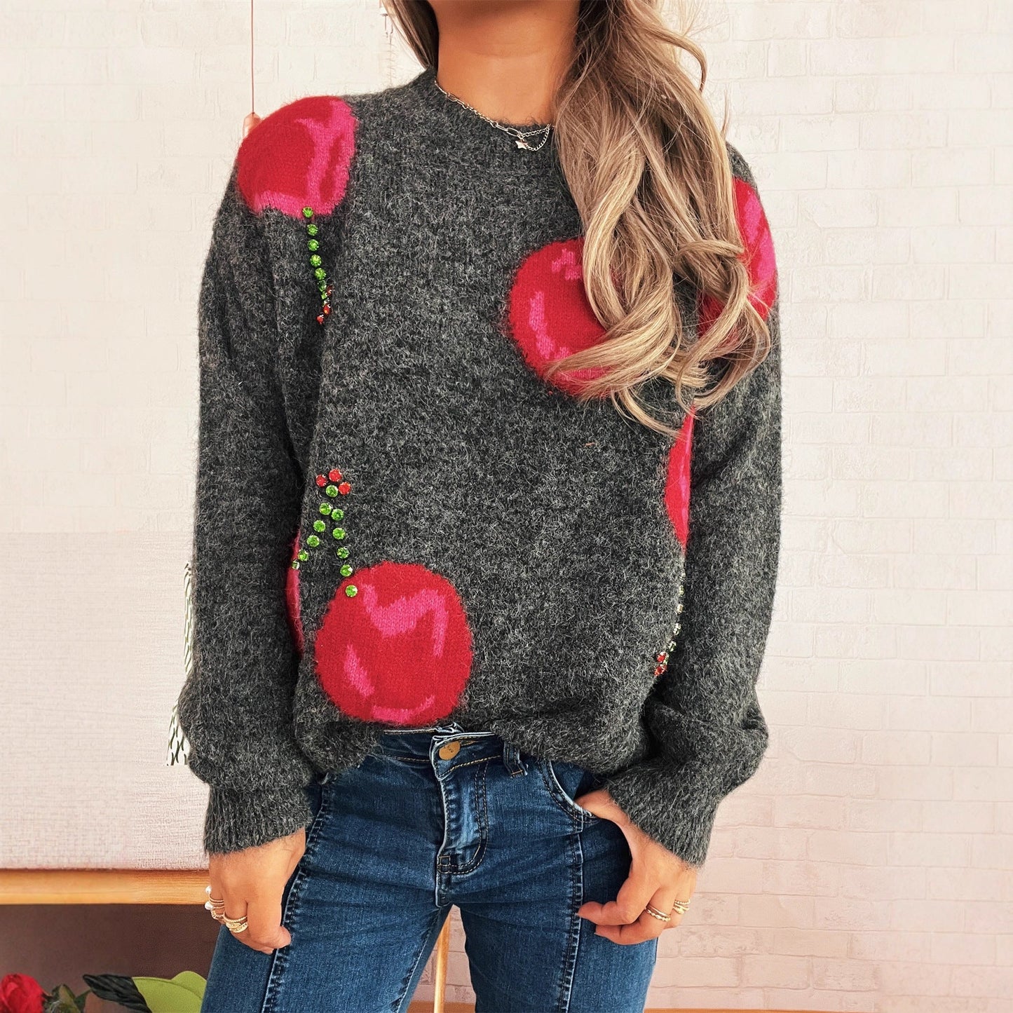 Damen Strickpullover Kuschelig Floralmuster Mit Glitzerakzenten