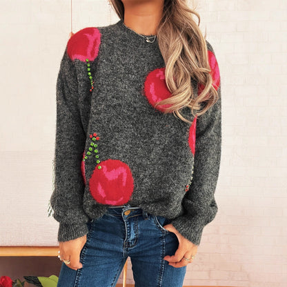 Damen Strickpullover Kuschelig Floralmuster Mit Glitzerakzenten