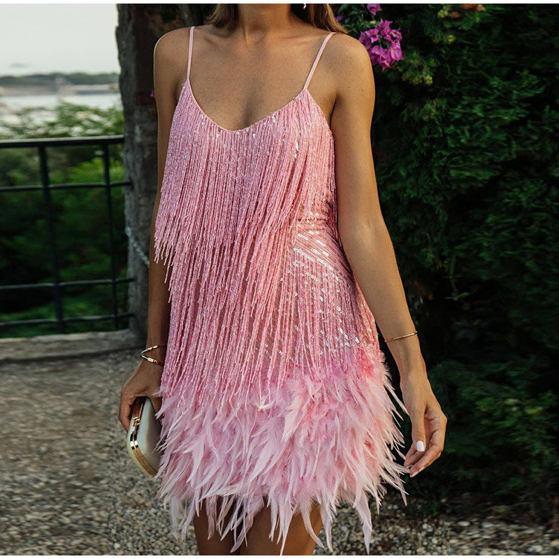 Damen Mini-Kleid Glitzernd mit Fransen Schulterfrei Norvielle