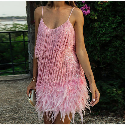 Damen Mini-Kleid Glitzernd mit Fransen Schulterfrei Norvielle