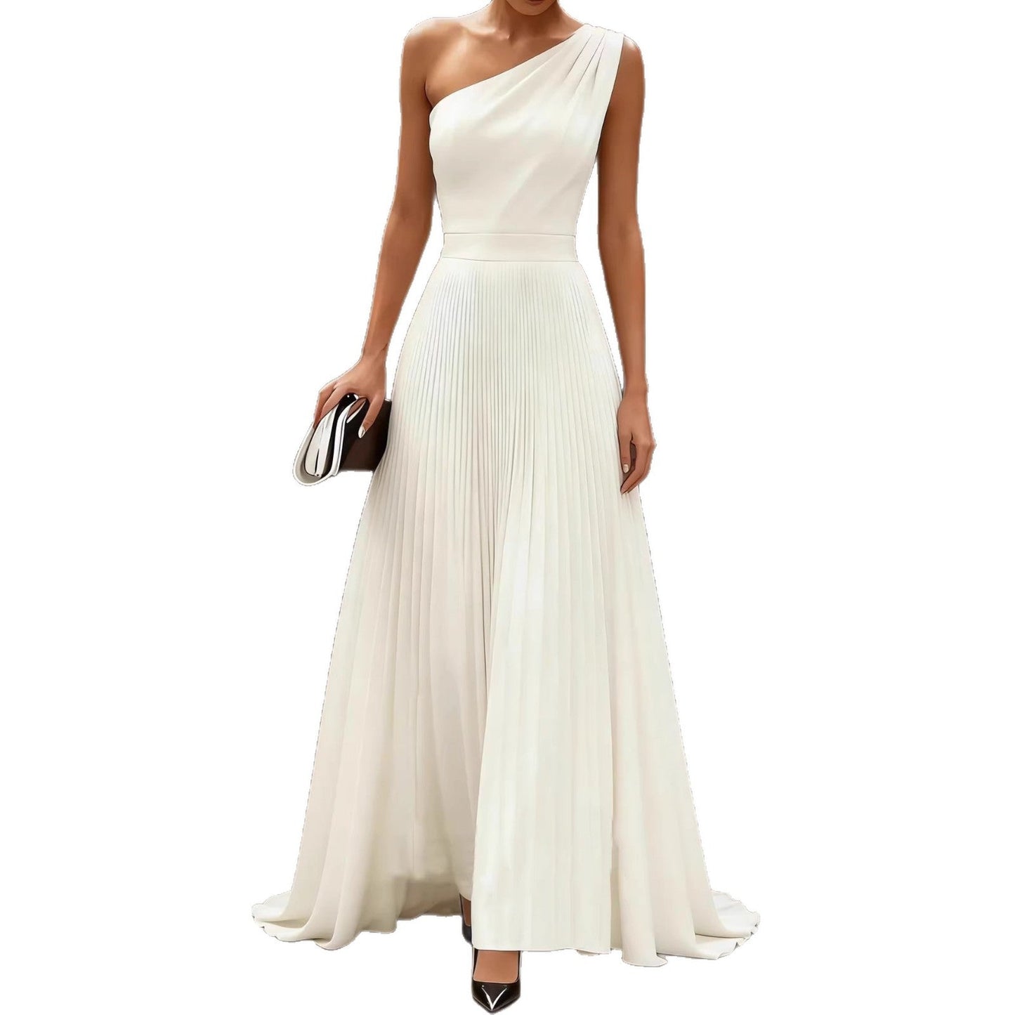 Damen Elegantes Schulterkleid mit Plissee und fließendem Saum