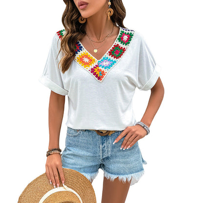 Damen T-Shirt Bunt Häkel-Ausschnitt